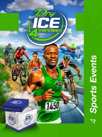 Sports event with runners, cyclists, and swimmers at Dry Ice Shop.