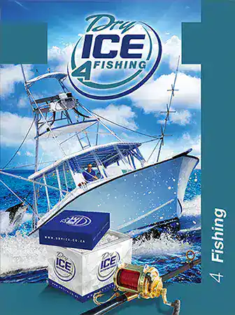 Fishing boat with dry ice and fishing gear on water.