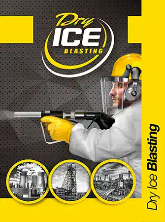 Industrial dry ice blasting process with worker in protective gear.