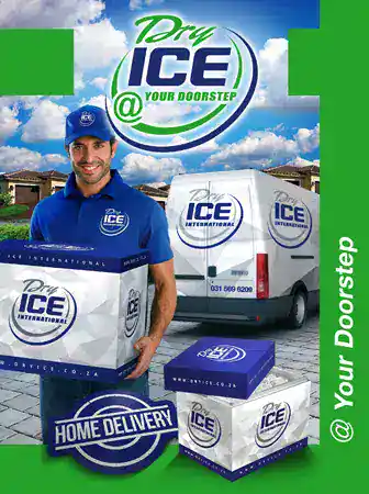 Dry Ice Shop delivery van and staff with boxes of dry ice for home delivery.